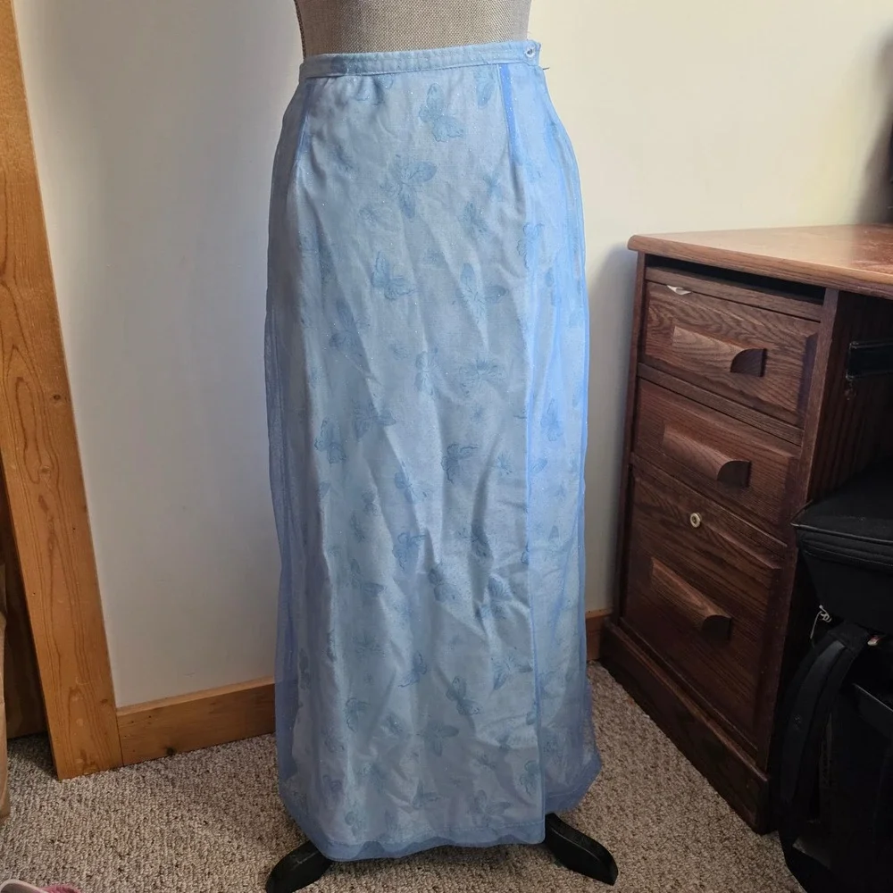 Vintage Handmade Blue Butterfly Mesh Maxi Skirt Fairycore Y2K Glitter Whimsy